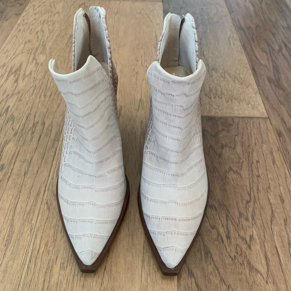 Vince Camuto pink snakeskin booties